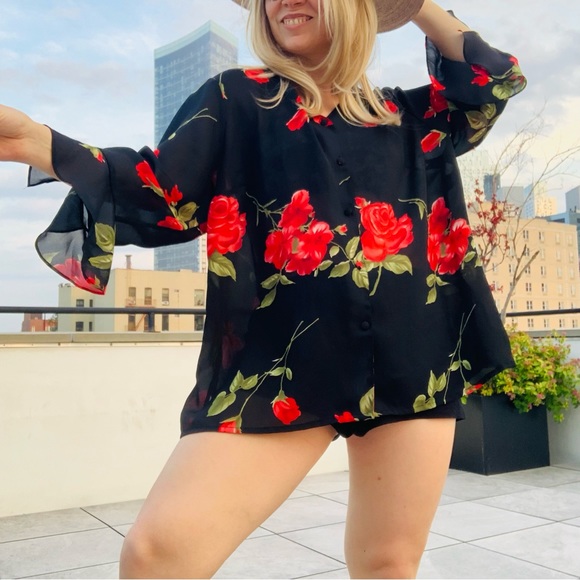 🛳 K.C.STUDIO Vintage Ruffle Long Sleeves Sheer Top Big Roses Sheer Top 22W - Picture 9 of 16